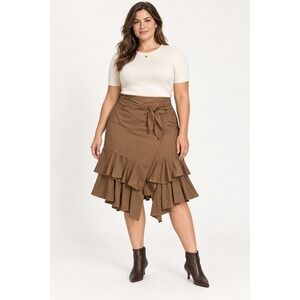 Worthington Brown Ruffle Tiered Wrap Skirt Boho Cottagecore Minimalist Size 14
